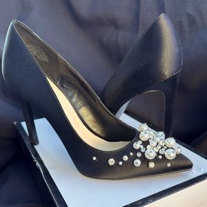 Nine West NWTaylin Black Satin with Pearl and Rhinestone detail